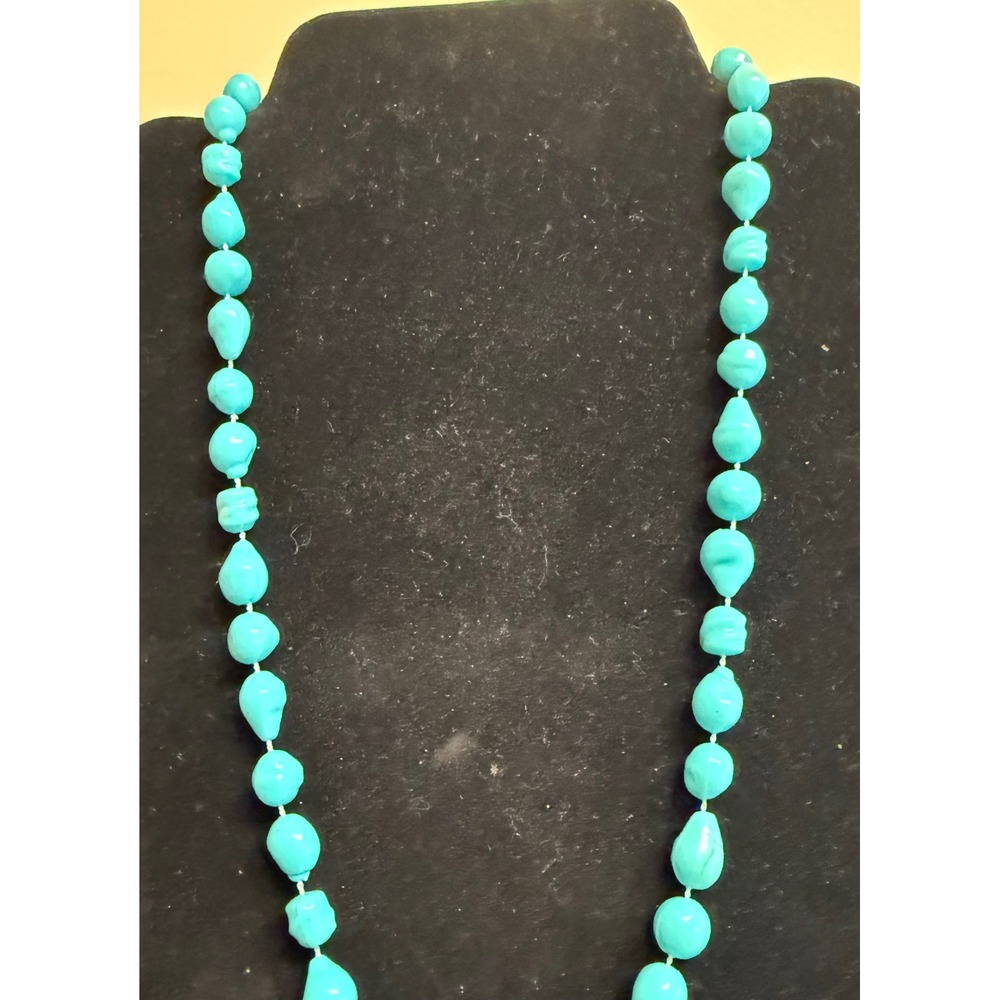 Vintage Turquoise Blue‎ Knotted Nugget Bead Necklace Gold Tone Clasp 24"